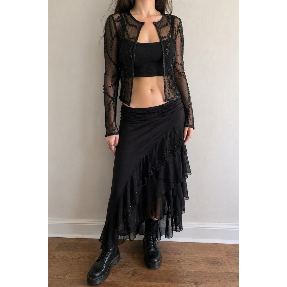 Beaded Sheer Mesh Jacket Women Large Whimsigoth Fairy Grunge Witchy Festival Y2K